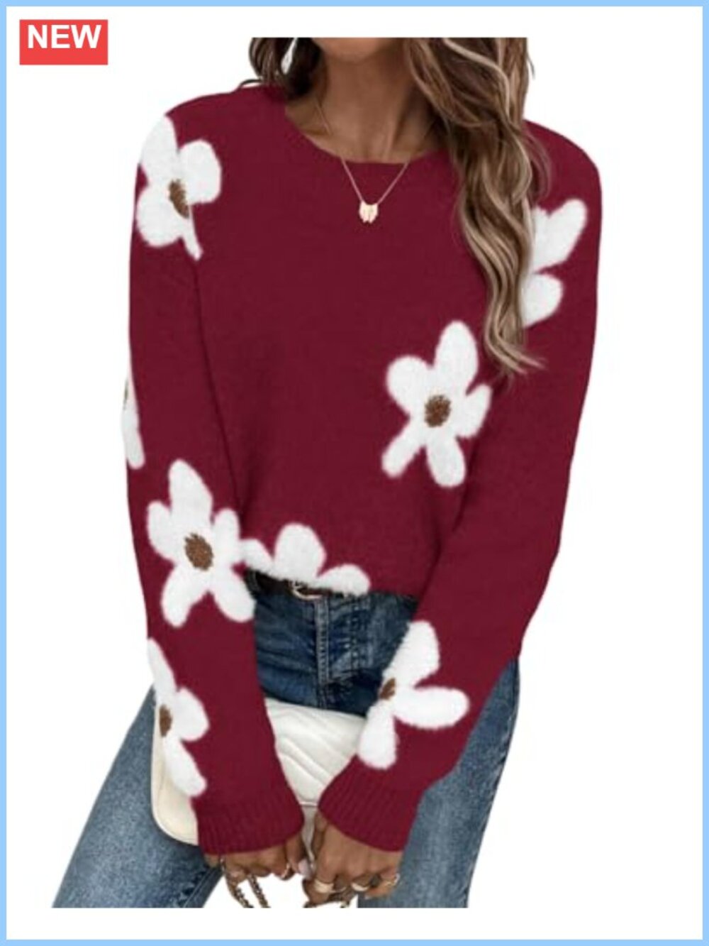 Womens Chunky Knit Floral Crew Neck Pullover Sweater Fall Winter